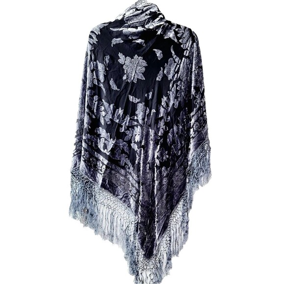 Maya Matazaro Kimono Shawl Wrap Silk Burnout Velvet Blk Grey Fringe USA NWT - Picture 6 of 9